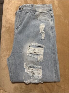 Women's Light Blue Distressed Wide-Leg Jeans